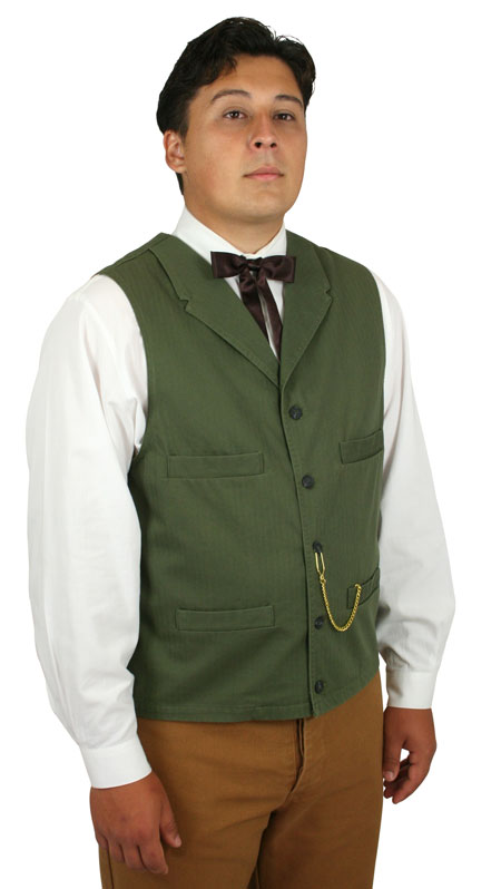 Vintage Mens Green Cotton Herringbone Notch Collar Work Vest | Romantic | Old Fashioned | Traditional | Classic || Bernard Twill Vest - Army Herringbone