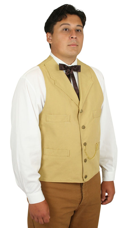 Victorian Mens Tan Cotton Solid Notch Collar Work Vest | Dickens | Downton Abbey | Edwardian || Four-Pocket Canvas Vest - Wheat
