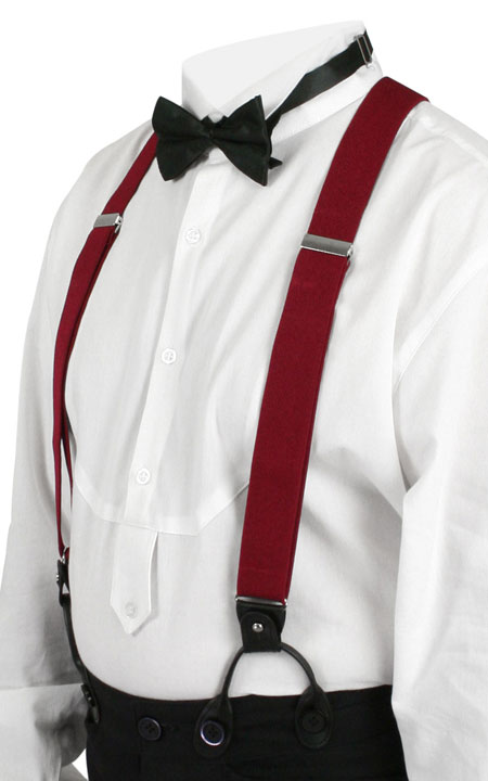 Victorian Mens Burgundy Y-Back Braces,Convertible Braces Suspenders | Dickens | Downton Abbey | Edwardian || Wine Elastic Convertible Suspenders (Long)