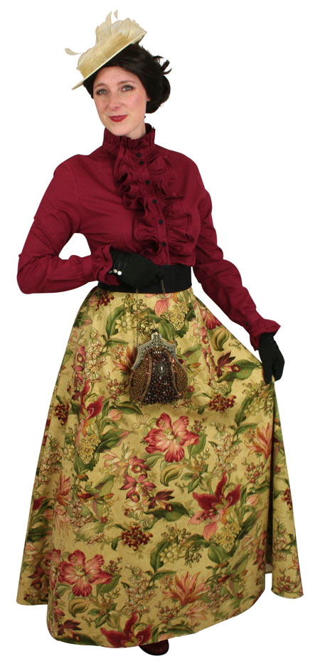 Steampunk Ladies Tan,Burgundy Cotton Floral Dress Skirt | Gothic | Pirate | LARP | Cosplay | Retro | Vampire || Lily Walking Skirt - Floral Print