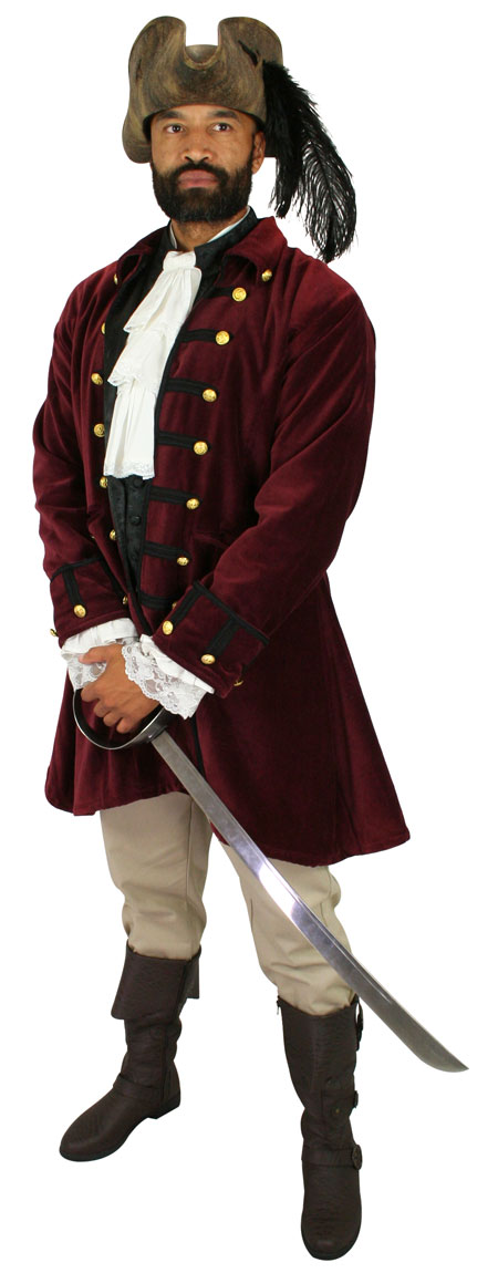 Victorian Mens Burgundy Cotton,Velvet Solid Point Collar Frock Coat | Dickens | Downton Abbey | Edwardian || Marauder Pirate Coat - Burgundy