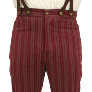  Victorian,Old West,Edwardian Mens Pants Burgundy,Red Cotton Stripe Work Pants |Antique, Vintage, Old Fashioned, Wedding, Theatrical, Reenacting Costume |