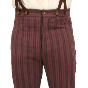  Victorian,Old West,Edwardian Mens Pants Burgundy,Red Cotton Stripe Work Pants |Antique, Vintage, Old Fashioned, Wedding, Theatrical, Reenacting Costume |